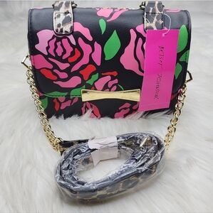 Betsey Johnson Black and Pink Floral Crossbody Bag
